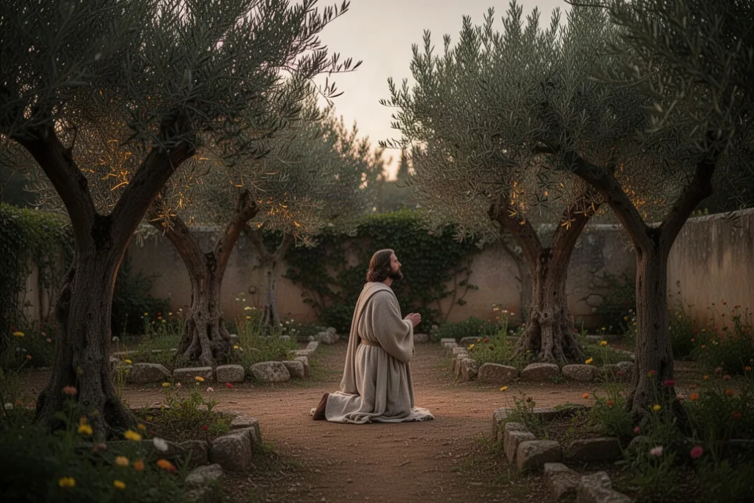 First-century prayer in an olive garden at dusk