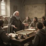 Medieval classroom representing Abelard teaching logic in Paris