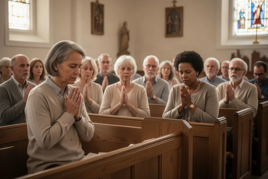 Congregation responding together during a quiet church prayer