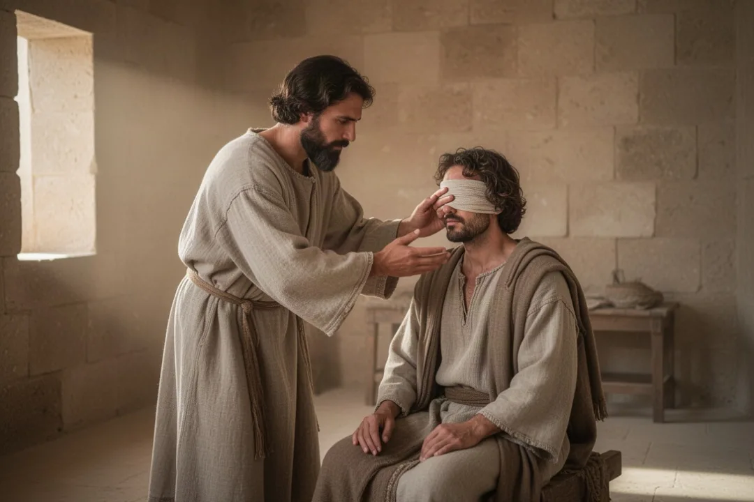 Disciple Ananias praying over blinded Saul in Damascus