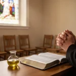 Olive oil beside an open Bible in a quiet church prayer room