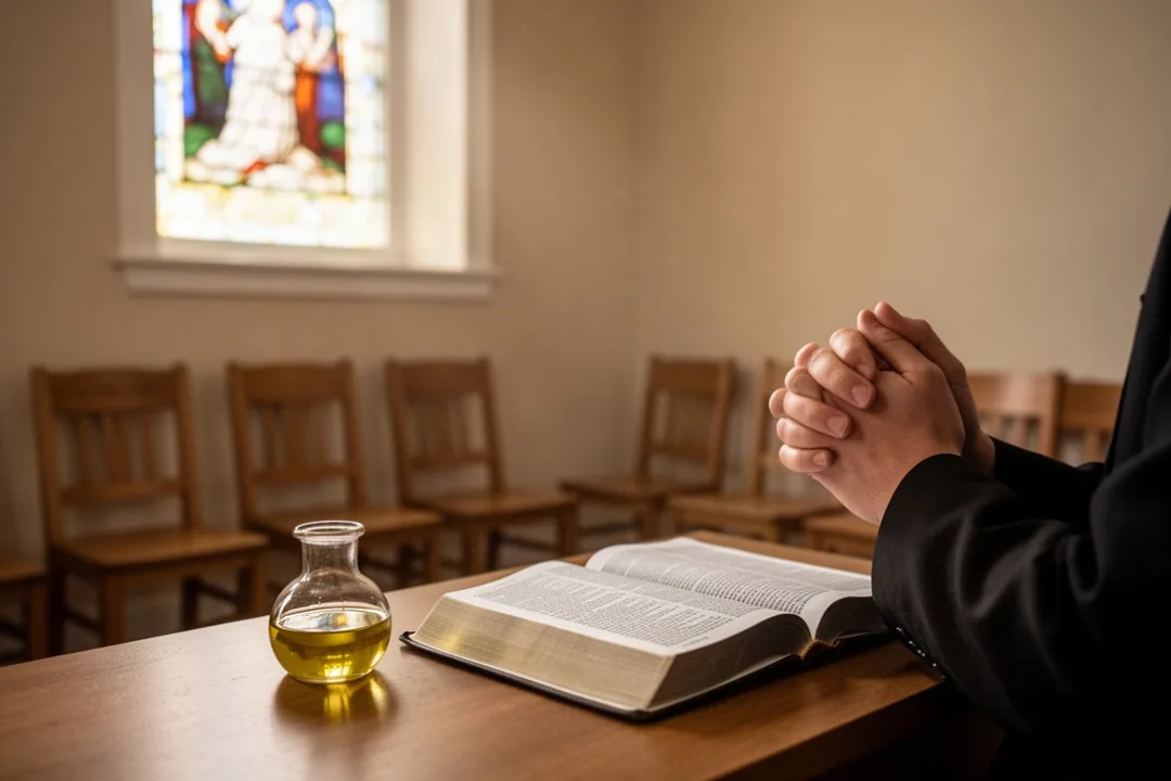 Olive oil beside an open Bible in a quiet church prayer room