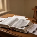 Antichrist in the Bible: meaning, passages, and interpretations Open Bible and study notes about antichrist passages in a quiet church setting