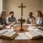 Church study group discussing Arminian theology around books