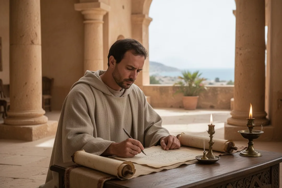 Augustine writing in a late Roman North African courtyard