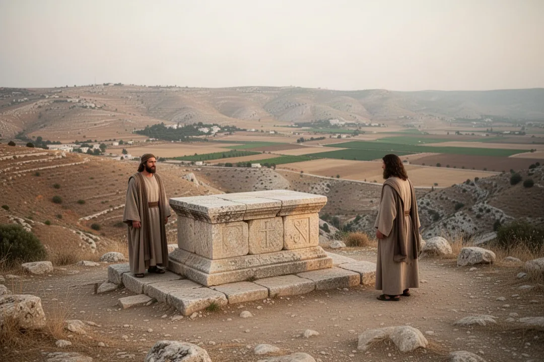 Ancient altar on Mount Carmel overlooking dry farmland