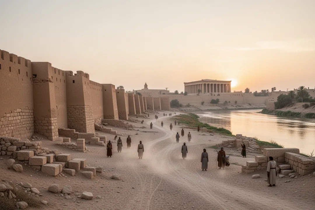 Ancient Babylonian ruins beside the Euphrates at sunset