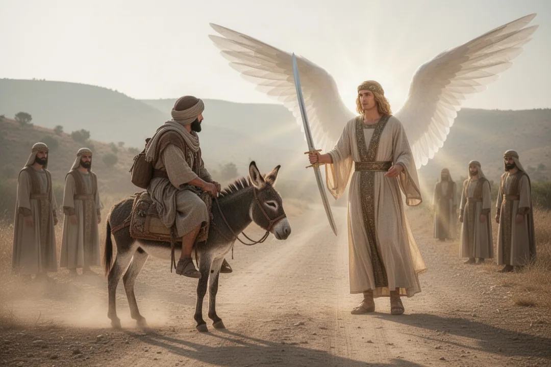 Balaam’s donkey stops before the angel on the road