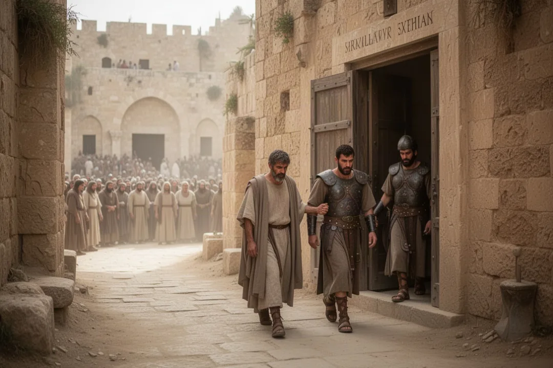 Barabbas released from custody near ancient Jerusalem during Passover