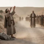 Bartimaeus: the blind man Jesus healed near Jericho Blind Bartimaeus rising beside the road as Jesus and crowd pause nearby