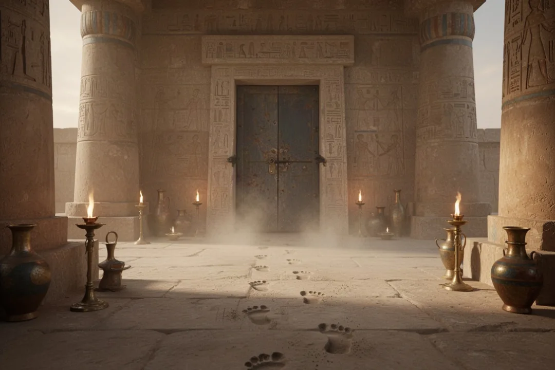 Dusty temple floor revealing footprints used to expose Bel’s priests