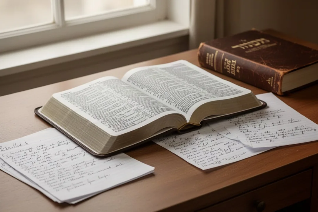 Open Bible and language study materials illustrating the meaning of Belial