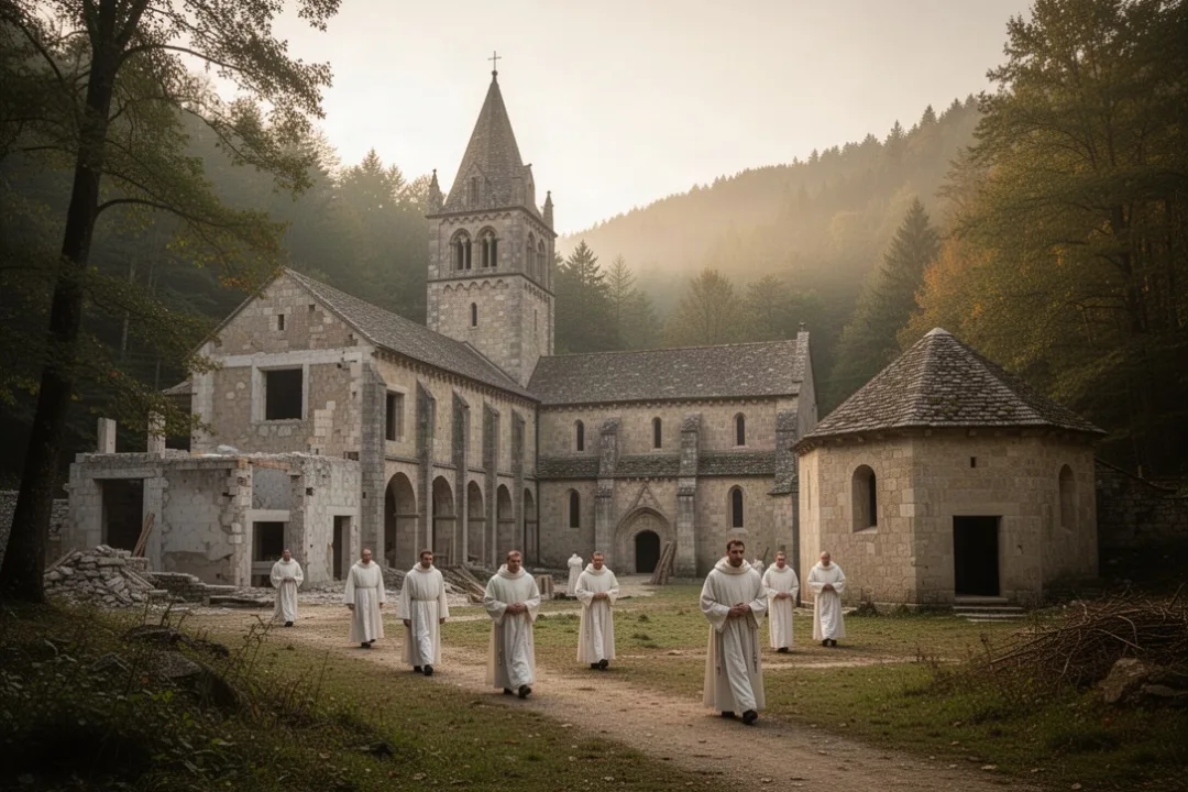 Cistercian monks walking through a quiet medieval monastery valley