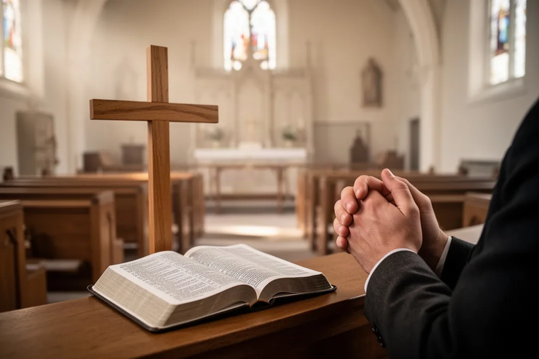 Hands praying beside an open Bible and wooden cross in a quiet sanctuary