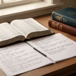 Biblical words and their meanings in context Open Bible with Hebrew and Greek study resources on a wooden desk