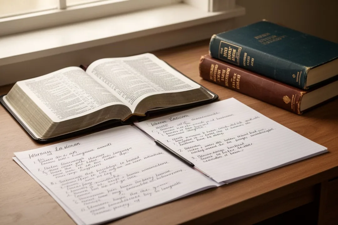 Open Bible with Hebrew and Greek study resources on a wooden desk