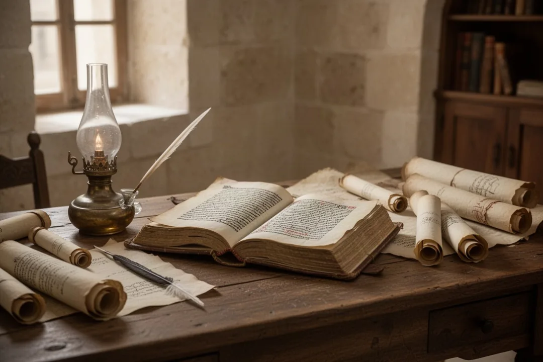 Ancient manuscript study scene representing the Book of Sirach