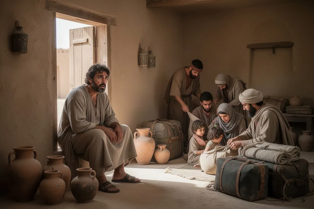 Ancient family preparing Tobias for a dangerous journey from Nineveh