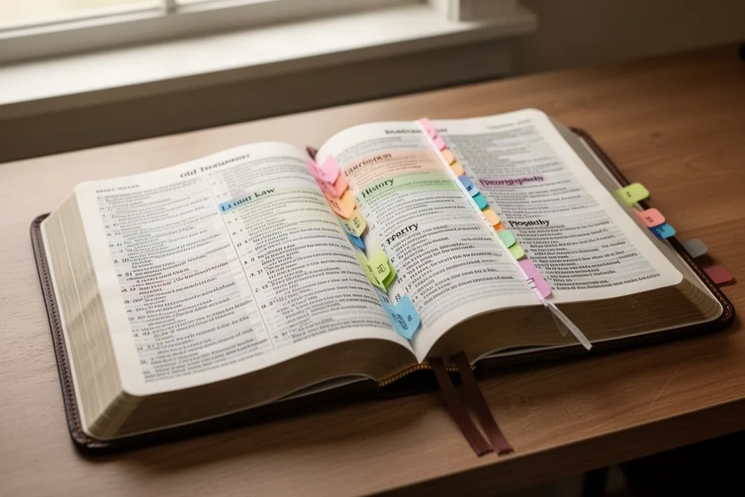 Open Bible with bookmarks dividing Old Testament sections