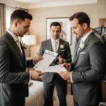Bridegroom meaning, duties, attire, and wedding etiquette Bridegroom reviewing wedding day schedule with attendant