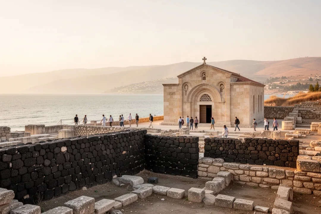 Capernaum ruins and ancient synagogue beside the Sea of Galilee