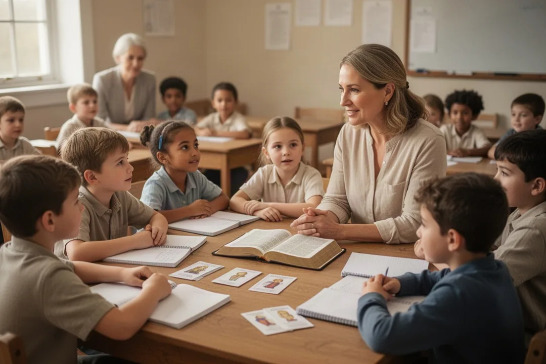Diverse church group learning Christian faith together in a parish classroom