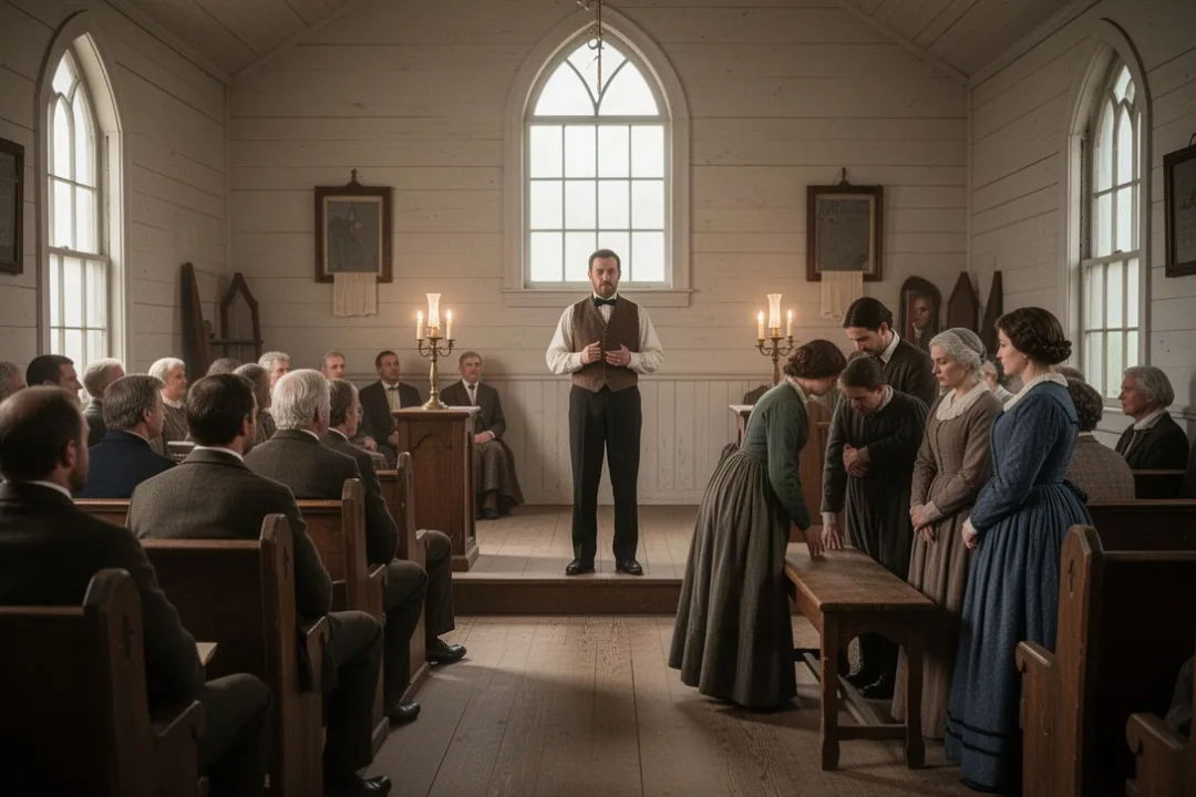 Nineteenth-century revival meeting with a preacher and prayer bench