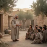 Christ meaning: What the title says about Jesus Teacher speaking to villagers near ancient stone buildings and olive trees