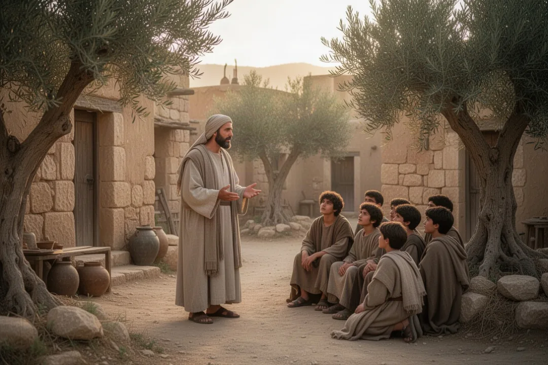 Teacher speaking to villagers near ancient stone buildings and olive trees