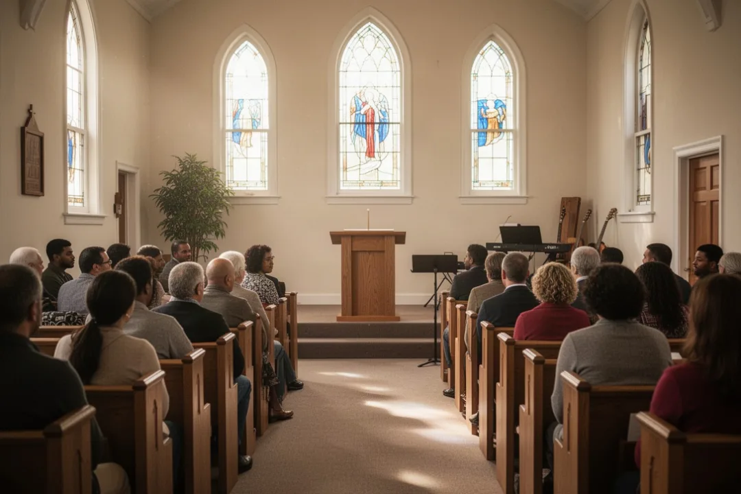 Diverse congregation gathered for worship inside a church sanctuary