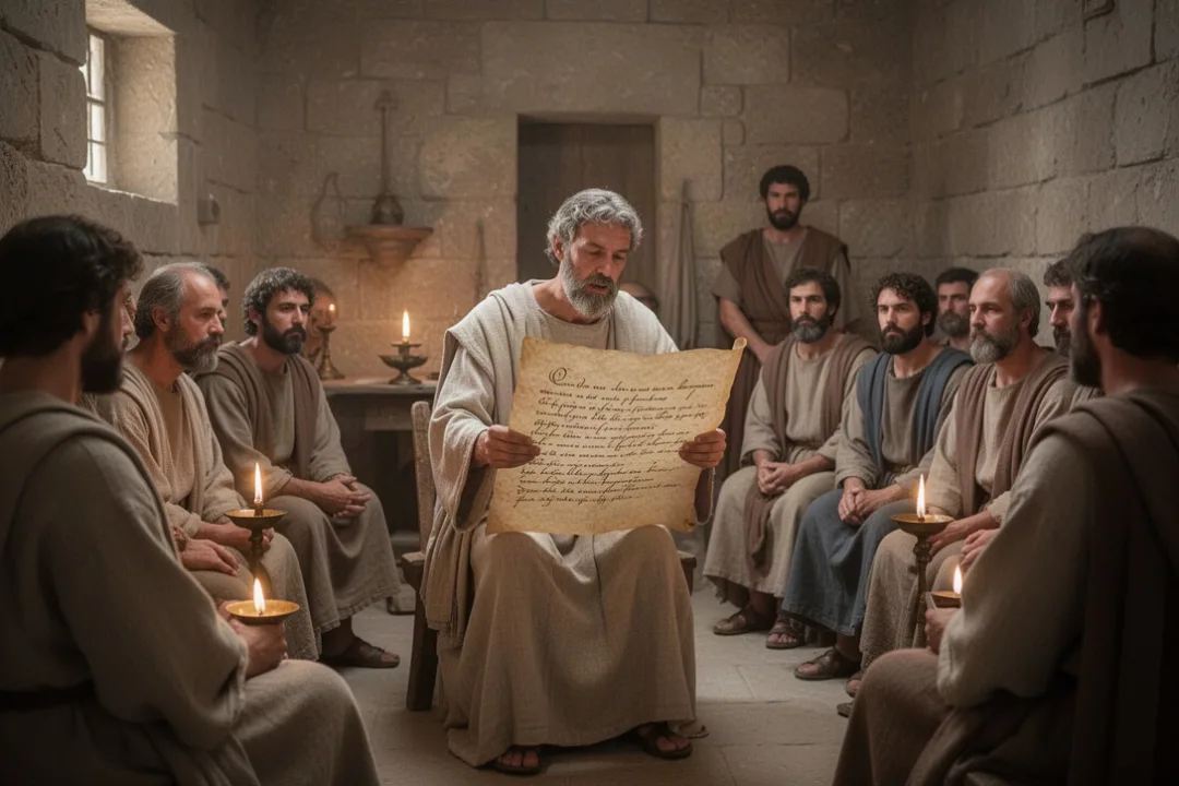 Early Christians hearing Clement’s letter in a Roman meeting house