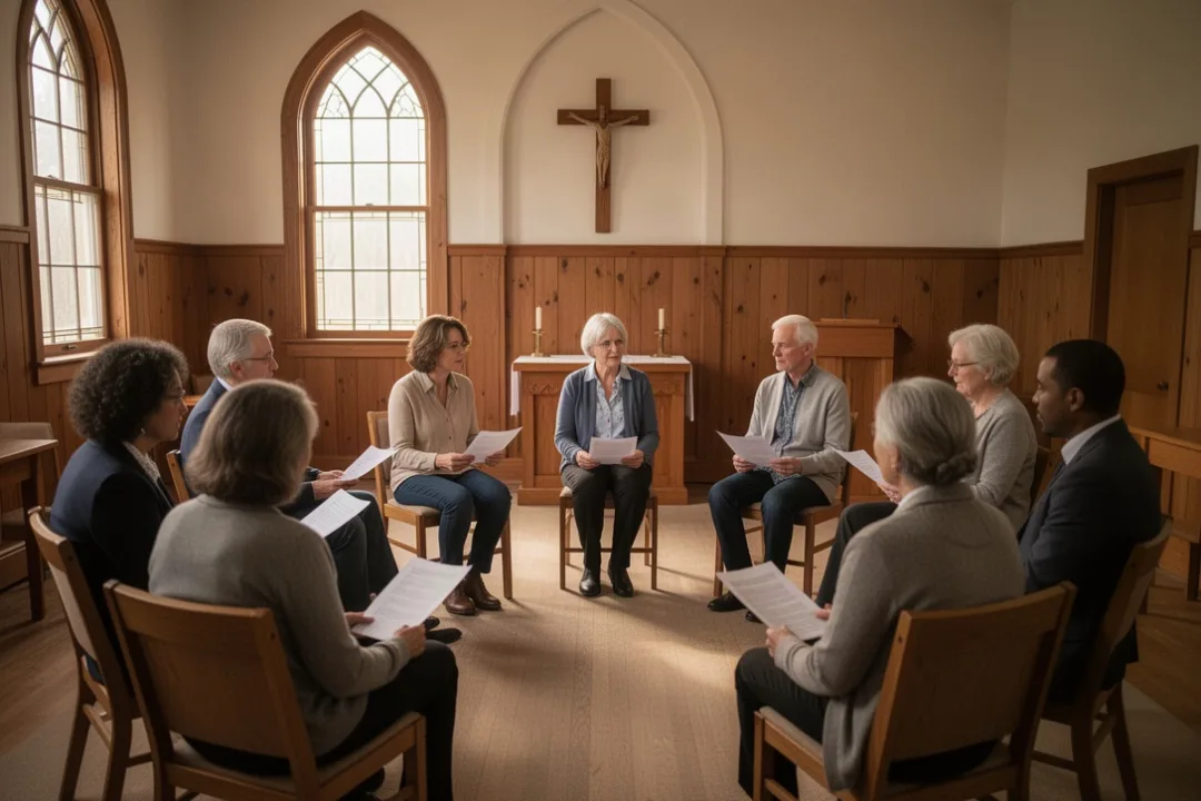 Congregational church members discussing decisions in a meeting