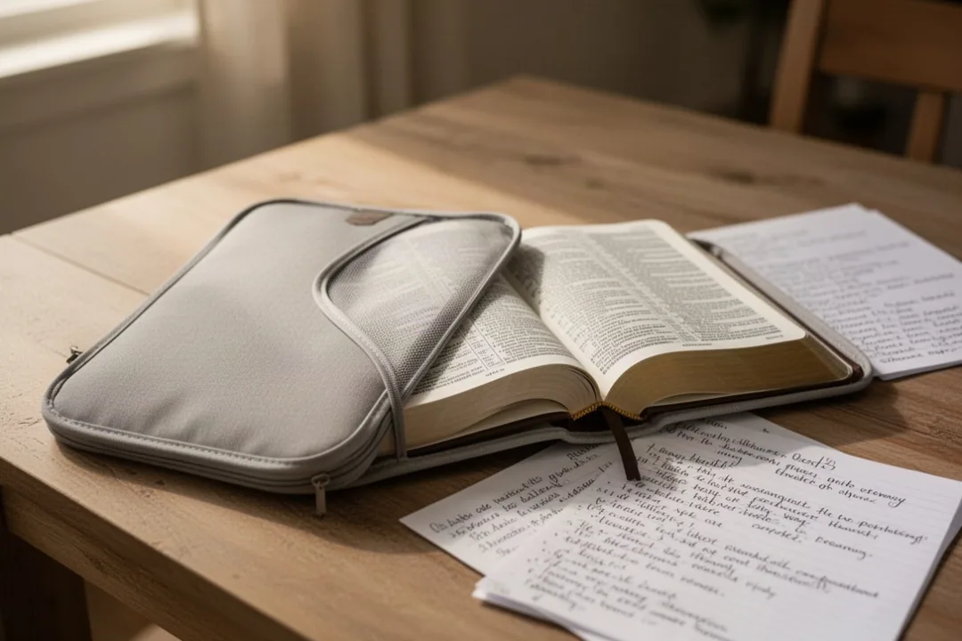 Open Bible beside a protective cover and study notes