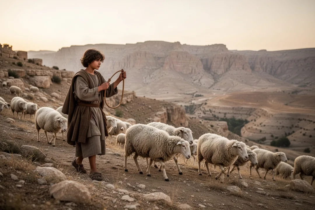 Young shepherd with sling watching sheep on an ancient hillside