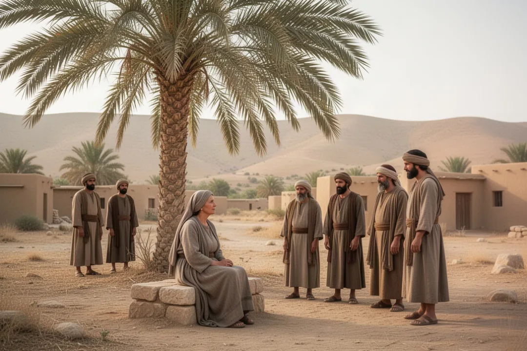 Deborah judging Israelites beneath the palm tree in ancient Israel