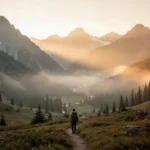 Define glory: meaning in everyday and biblical language Sunrise illuminating a majestic mountain valley and distant hiker