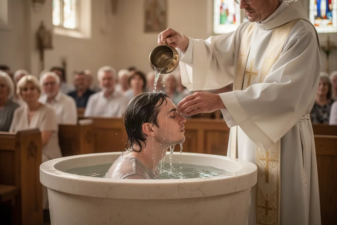 Minister performing baptism beside a church baptismal font
