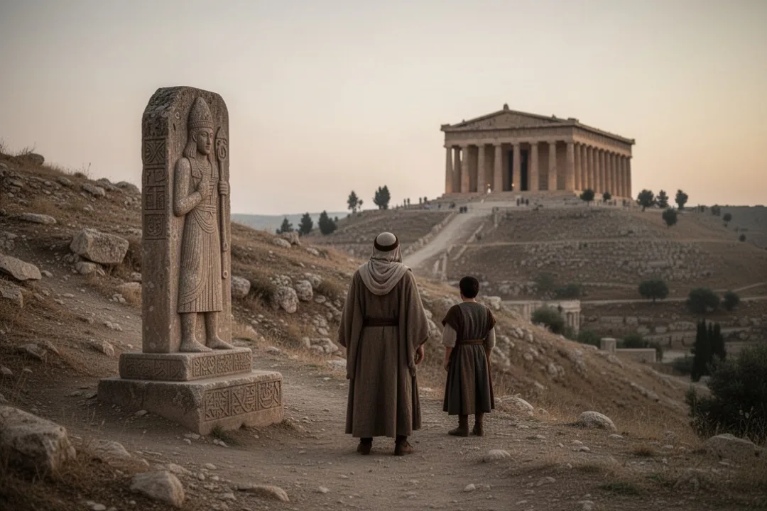 Worshiper turning from an idol toward faithful worship in an ancient setting