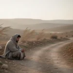 Dust in Scripture: Meaning, verses, and lessons Person sitting in dust beside an ancient landscape at dawn