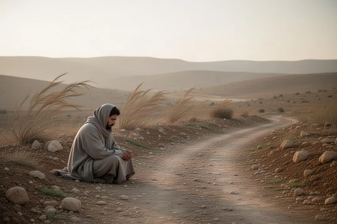 Person sitting in dust beside an ancient landscape at dawn