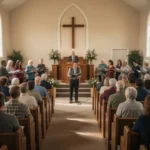 Diverse Christian congregation worshiping together in a modest church sanctuary