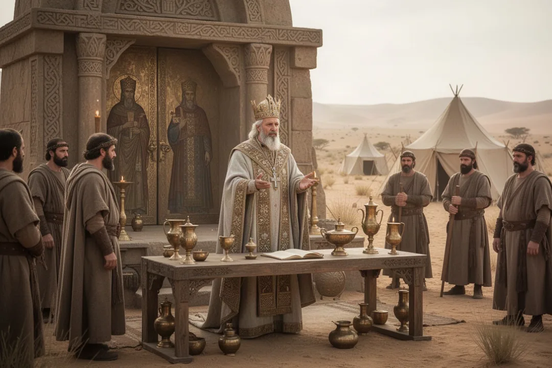 Eleazar overseeing priestly duties at the wilderness tabernacle