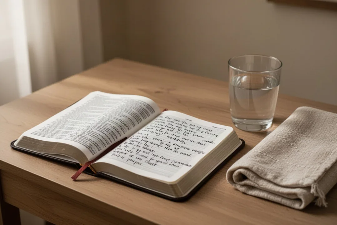 Prayer space with Bible and journal prepared for an Esther fast