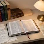 Exegesis: how to interpret a biblical passage carefully Desk arranged for careful biblical exegesis and contextual study