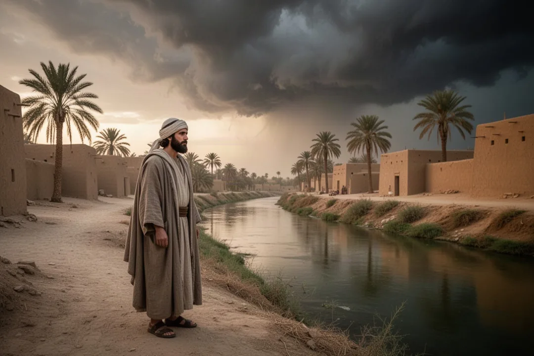 Ezekiel beside a Babylonian canal receiving a prophetic vision