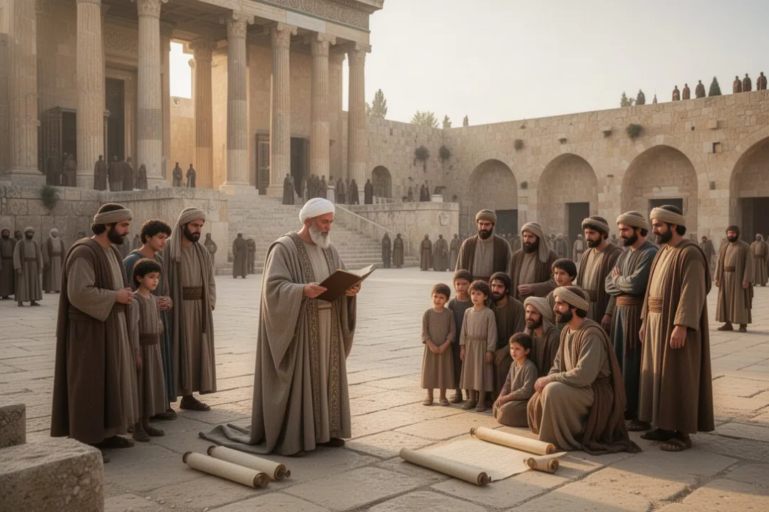 Ezra teaching the Law beside the rebuilt temple in Jerusalem