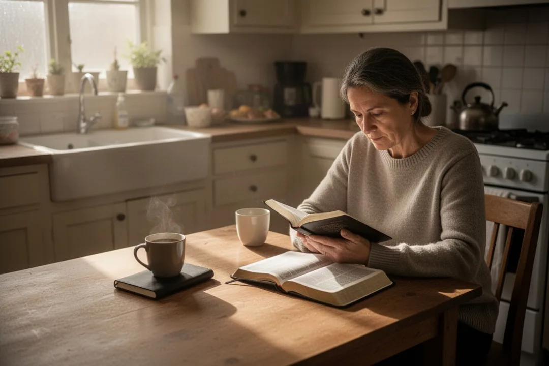 Person practicing quiet devotion at a kitchen table