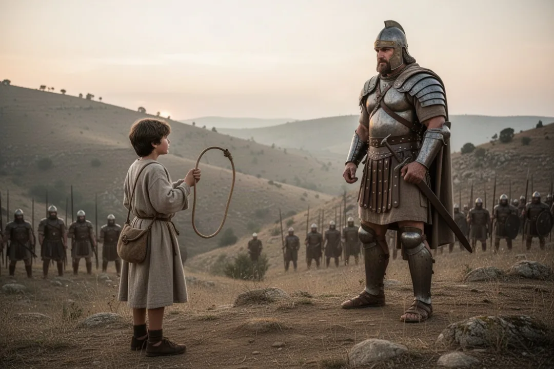 David facing Goliath across an ancient battlefield valley