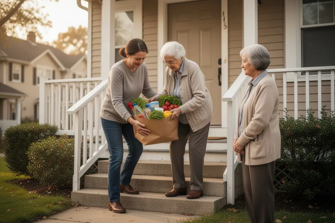 Neighbor helping carry groceries up porch steps