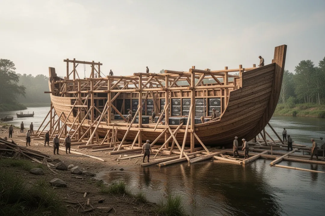 Ancient ark construction showing timber compartments and waterproofing